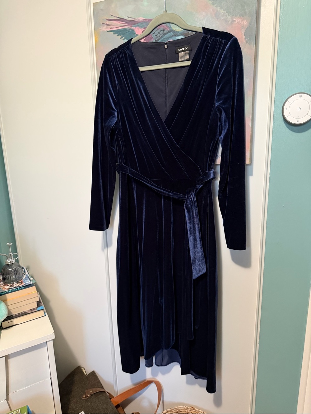 DKNY Navy Velvet Long Sleeve Wrap Dress
